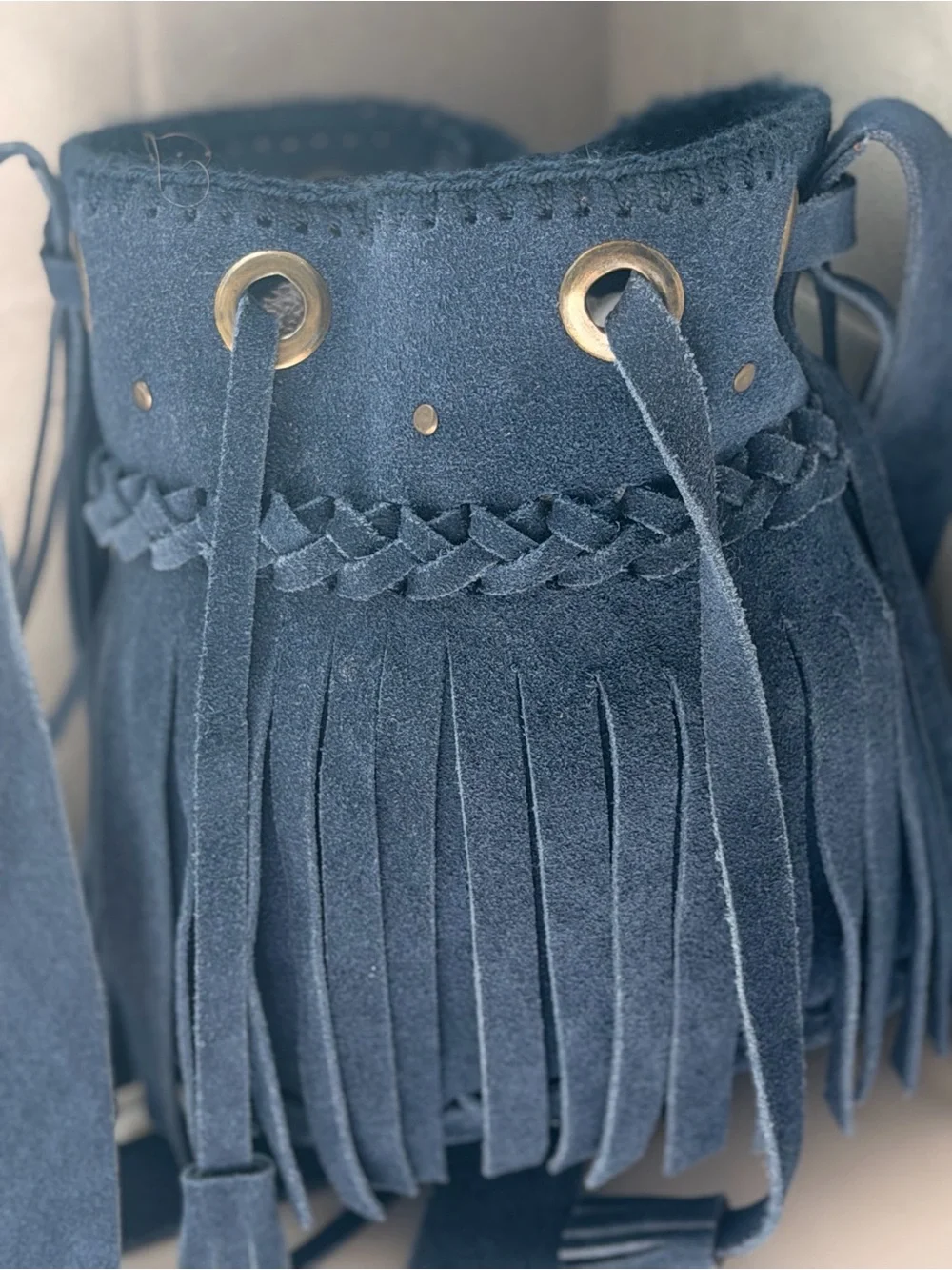 Fringed Suede Bucket Crossbody Bag - Black